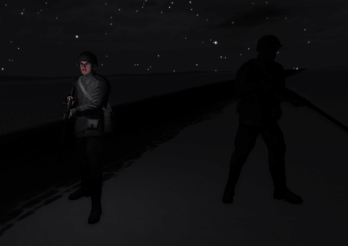 Two soldiers on a dark night on the Barents Sea coast, one with a downlight.