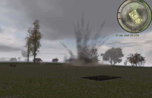 A large-calibre barrage shell explodes on the village green.