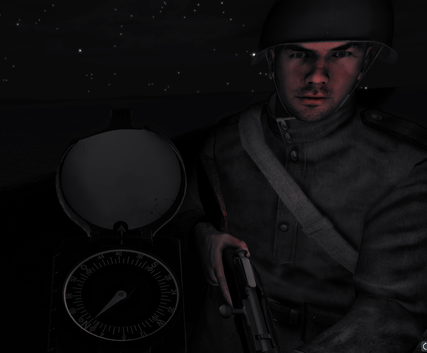 A third soldier approaches with his compass.